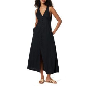 Women's Blanca Linen Button-Front V-Neck Maxi Dress X-Small Black